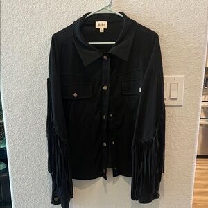BiBi Black Jacket with Fringe Accents, size L, LIKE NEW